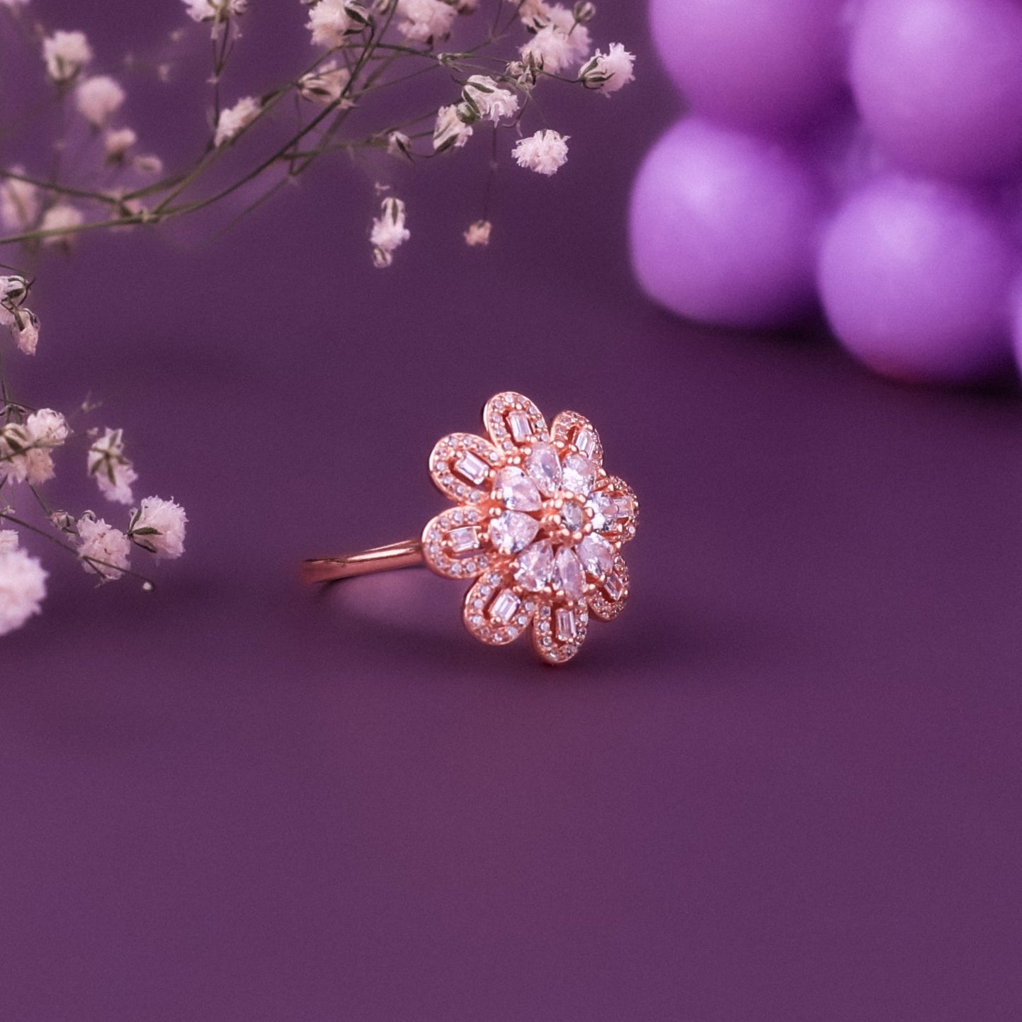 Sparkling Rosegold Flower Serenade Ring